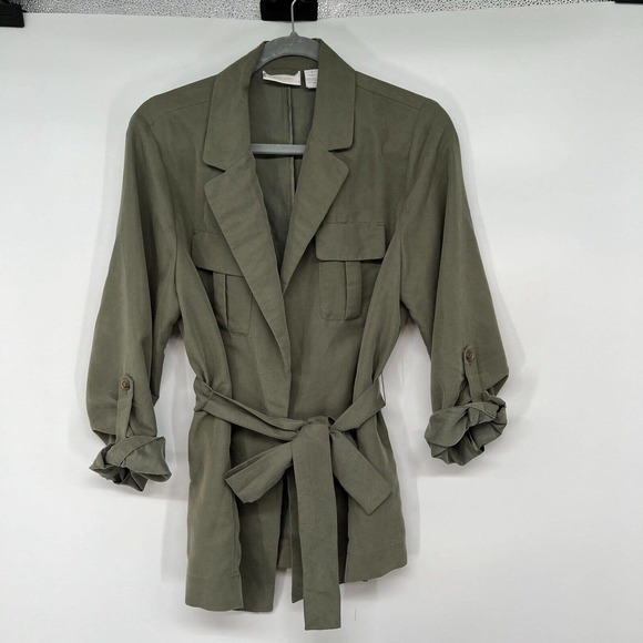 Chico's Jackets & Blazers - Chico's Jacket Blazer Womens Sz 1 M Olive Green Flap Pocket Roll Tab